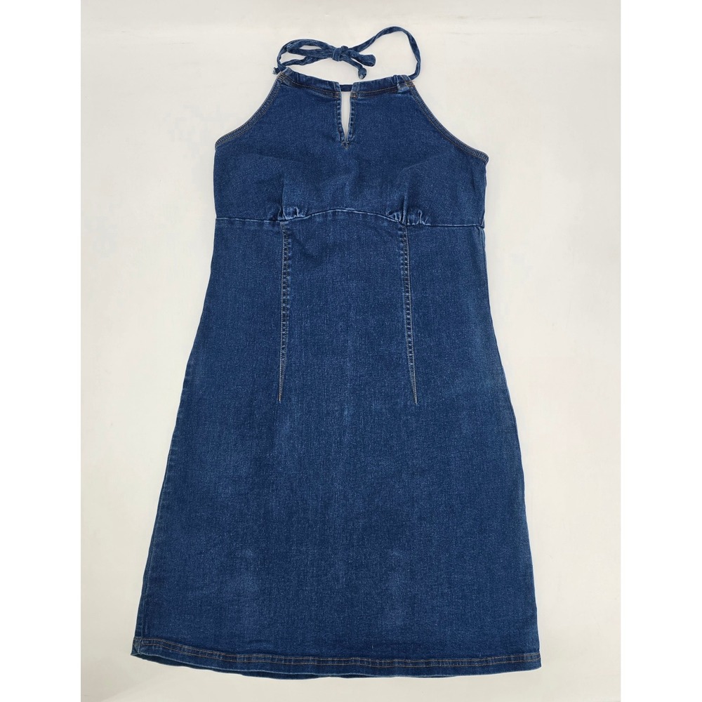 Y2K Denim Halter Mini Dress Blue Jean Bodycon Zip Back Festival Western Coquette